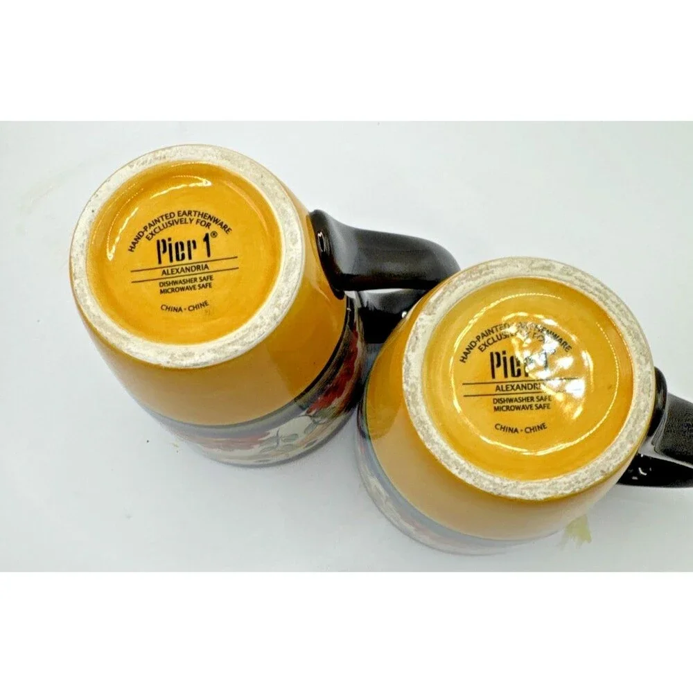 Pier 1 Alexandria Hand Painted Earthenware Mugs Yellow Blue Red Flowers Set of 2